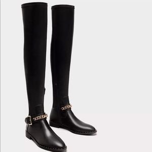 Zara over the knee leather chain boots
